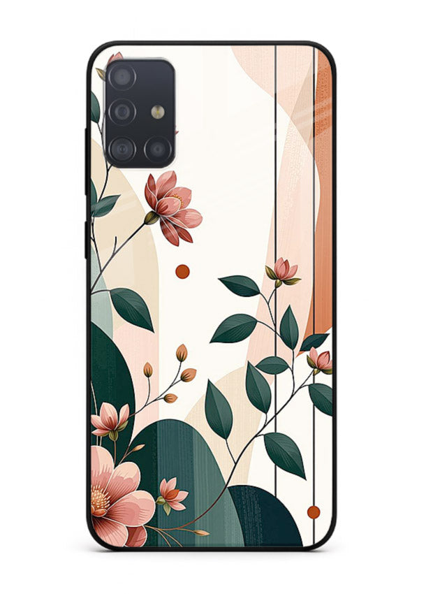 Peach floral panel artwork on Samsung A51 glass back cover with structured warm botanical design.