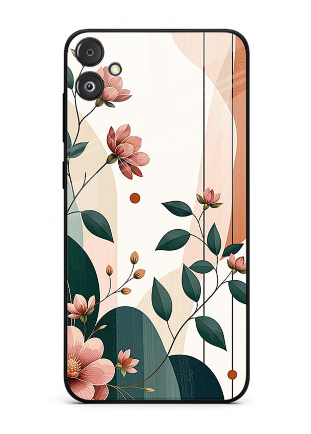 Peach floral panel artwork on Samsung F14 5G glass back cover with structured warm botanical design.