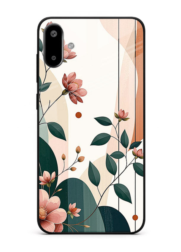 Peach floral panel artwork on Samsung F06 5G glass back cover with structured warm botanical design.