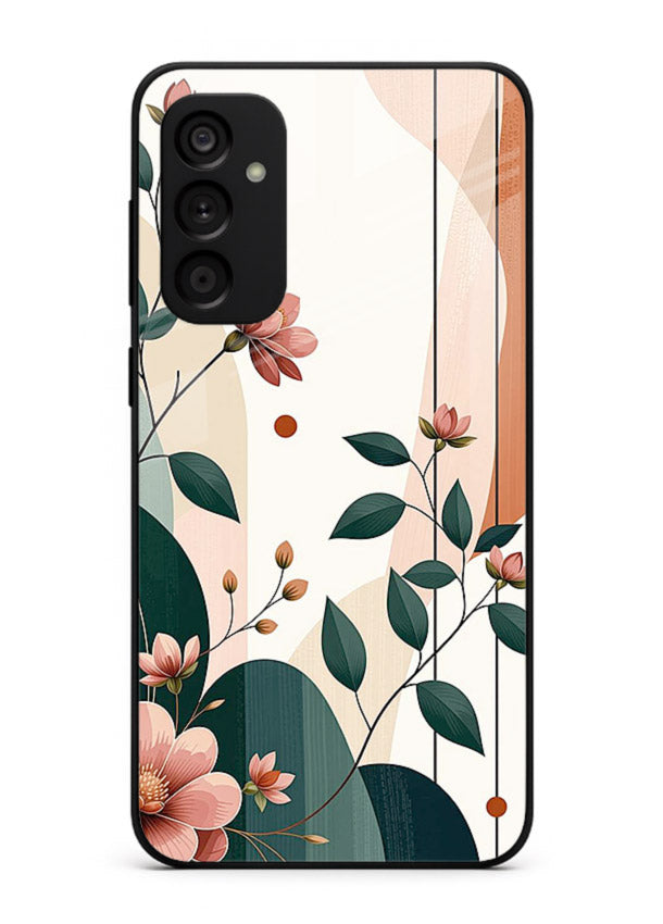 Peach floral panel artwork on Samsung A04s 5G glass back cover with structured warm botanical design.