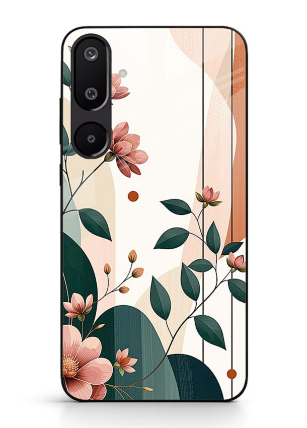 Peach floral panel artwork on Samsung M16 5G glass back cover with structured warm botanical design.