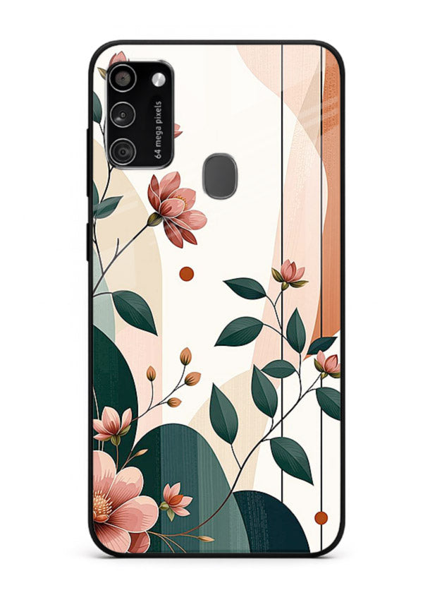 Peach floral panel artwork on Samsung M30s glass back cover with structured warm botanical design.