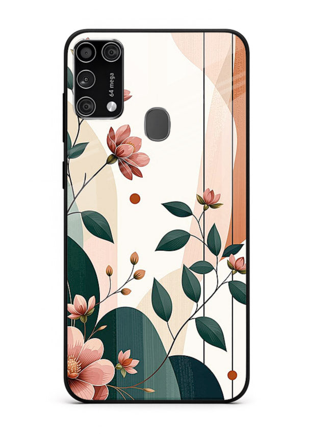 Peach floral panel artwork on Samsung M31 Prime glass back cover with structured warm botanical design.