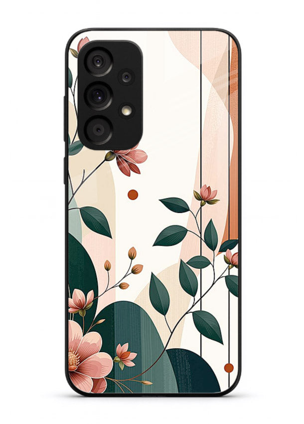 Peach floral panel artwork on Samsung A53 5G glass back cover with structured warm botanical design.