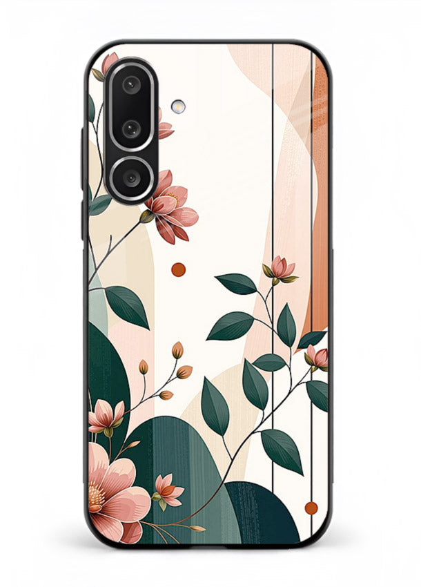 Peach floral panel artwork on Samsung M36 5G glass back cover with structured warm botanical design.