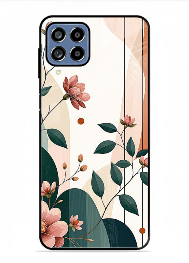 Peach floral panel artwork on Samsung M53 5G glass back cover with structured warm botanical design.