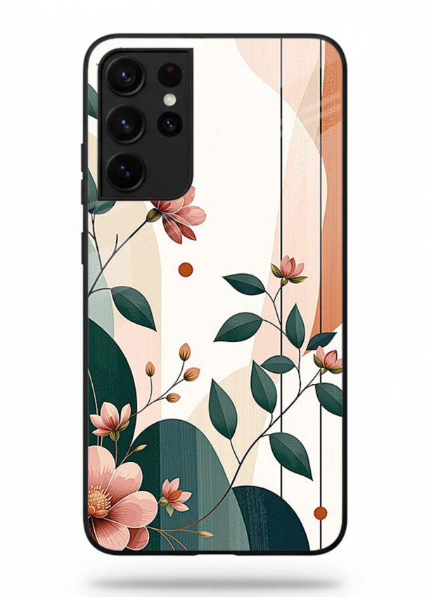 Peach floral panel artwork on Samsung S21 Ultra glass back cover with structured warm botanical design.