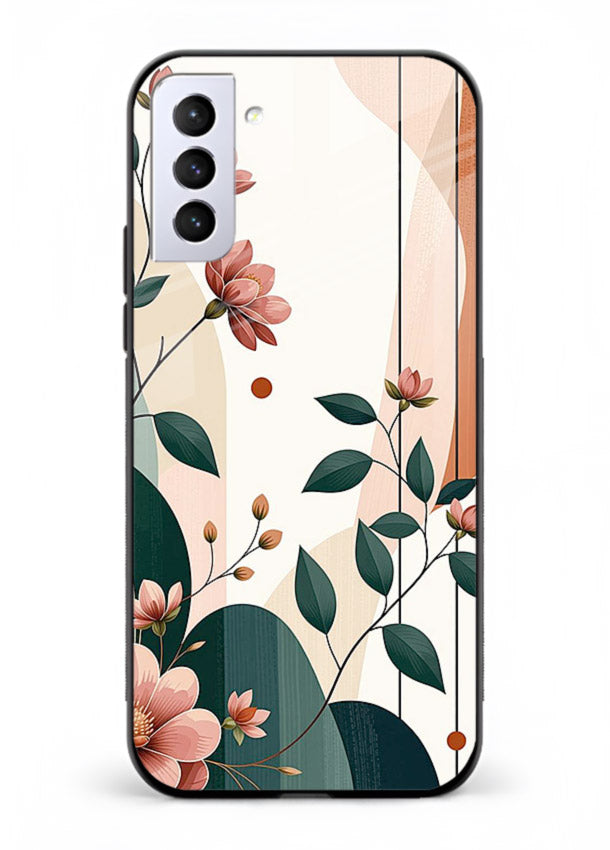 Peach floral panel artwork on Samsung S21 Plus glass back cover with structured warm botanical design.