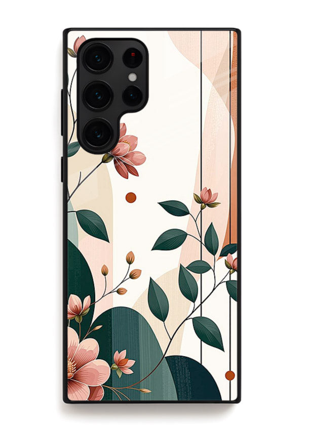 Peach floral panel artwork on Samsung S22 Ultra glass back cover with structured warm botanical design.