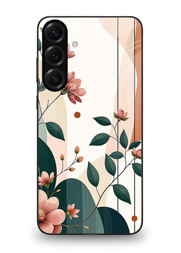 Peach floral panel artwork on Samsung M54 5G glass back cover with structured warm botanical design.