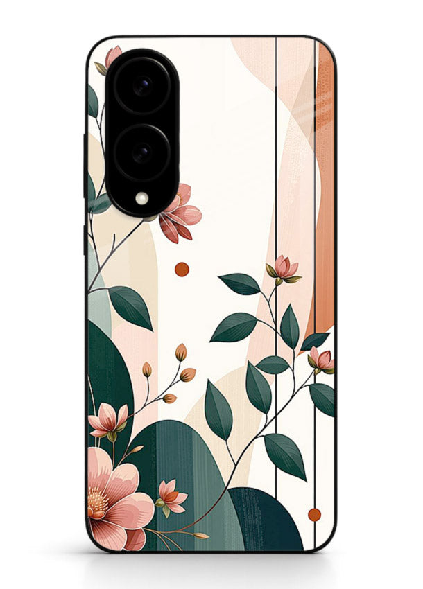 Peach floral panel artwork on Samsung S25 Edge glass back cover with structured warm botanical design.