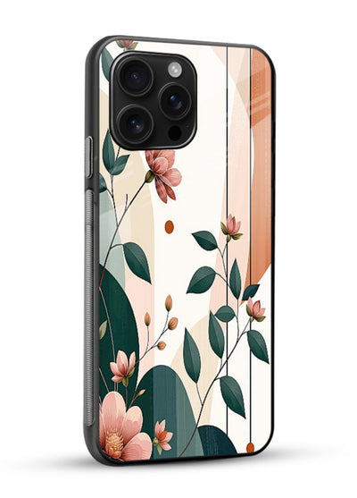 Peach floral panel artwork on glossy vibrant premium glass back cover with structured warm botanical design. - Angle Side