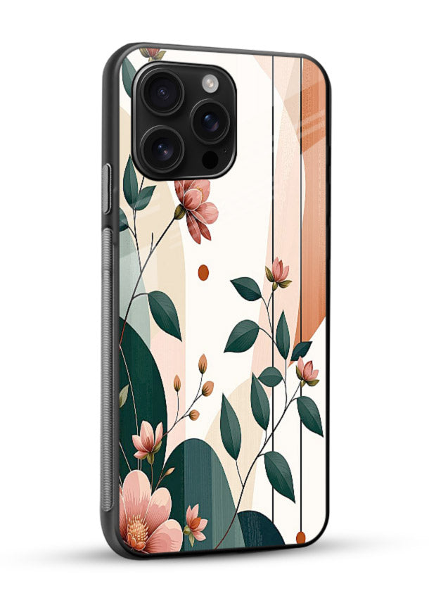 Peach floral panel artwork on glossy vibrant premium glass back cover with structured warm botanical design. - Angle Side