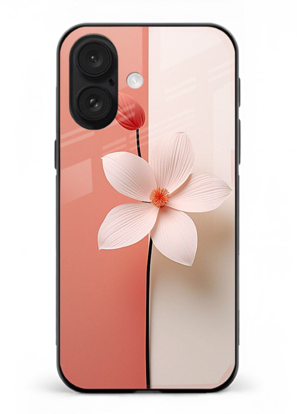 Peach blossom artwork on iphone 18 glass back cover with soft romantic tones.