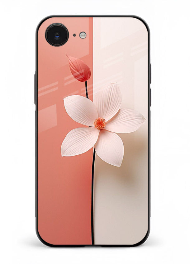Peach blossom artwork on iphone 16e glass back cover with soft romantic tones.