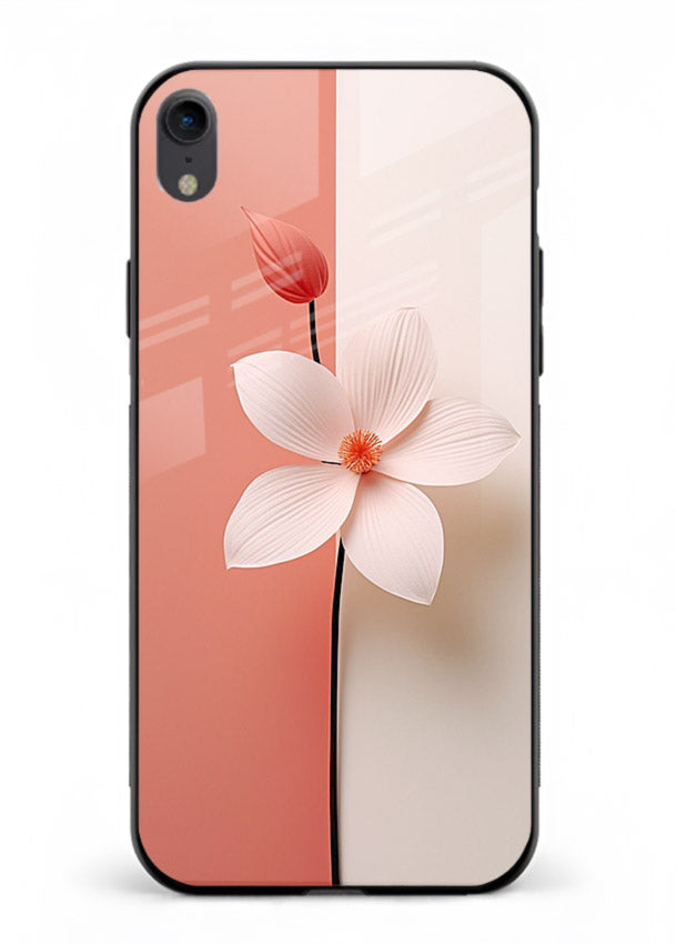 Peach blossom artwork on iphone xr glass back cover with soft romantic tones.