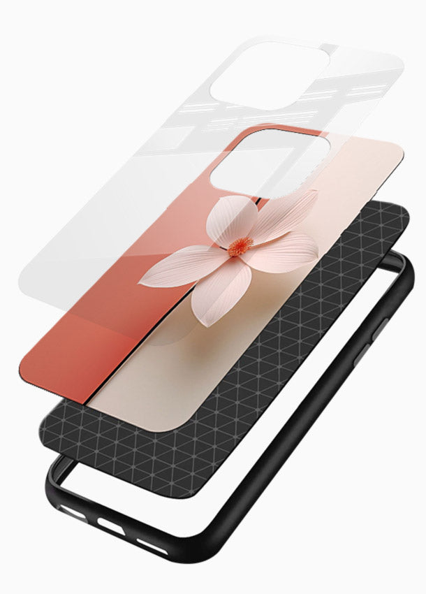 Peach blossom artwork on glossy vibrant premium glass back cover with soft romantic tones. - Angle Layers
