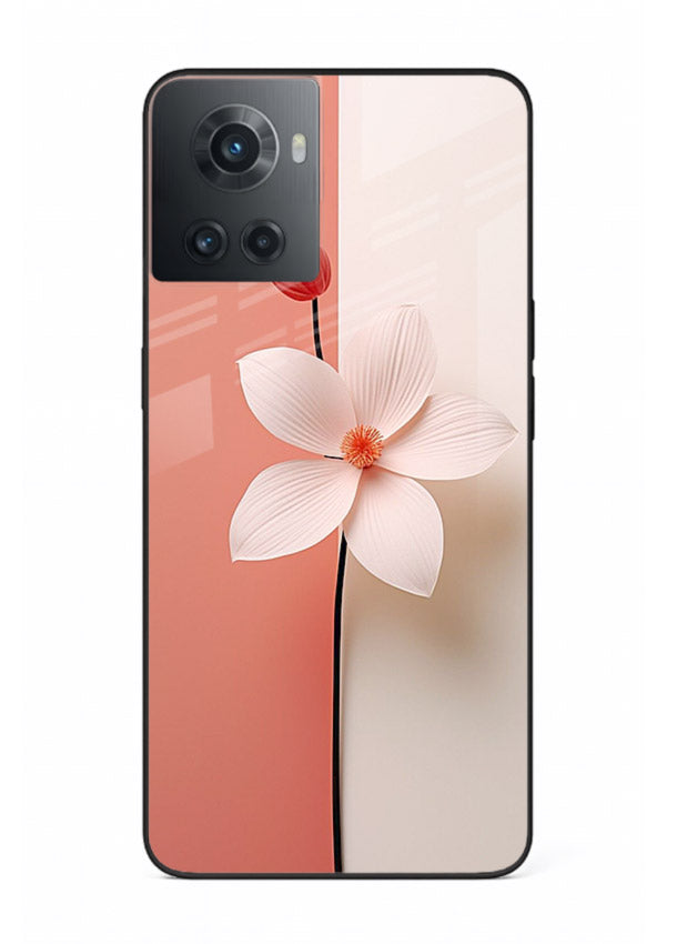 Peach blossom artwork on OnePlus 10R glass back cover with soft romantic tones.