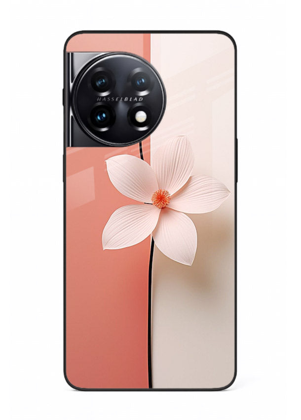 Peach blossom artwork on OnePlus 11R glass back cover with soft romantic tones.