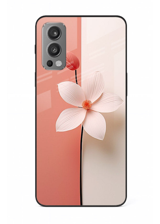 Peach blossom artwork on OnePlus Nord 2 glass back cover with soft romantic tones.