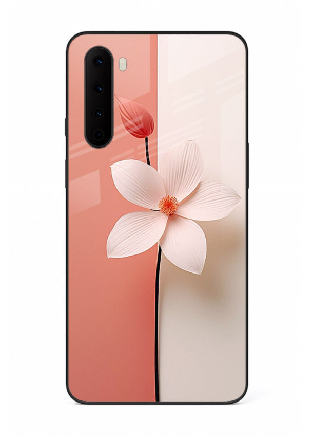 Peach blossom artwork on OnePlus Nord glass back cover with soft romantic tones.
