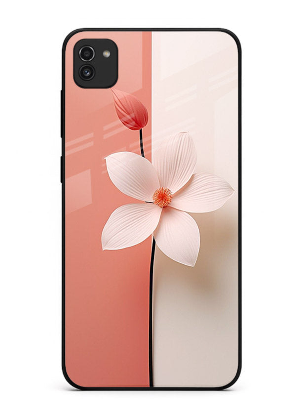 Peach blossom artwork on Samsung A03 glass back cover with soft romantic tones.