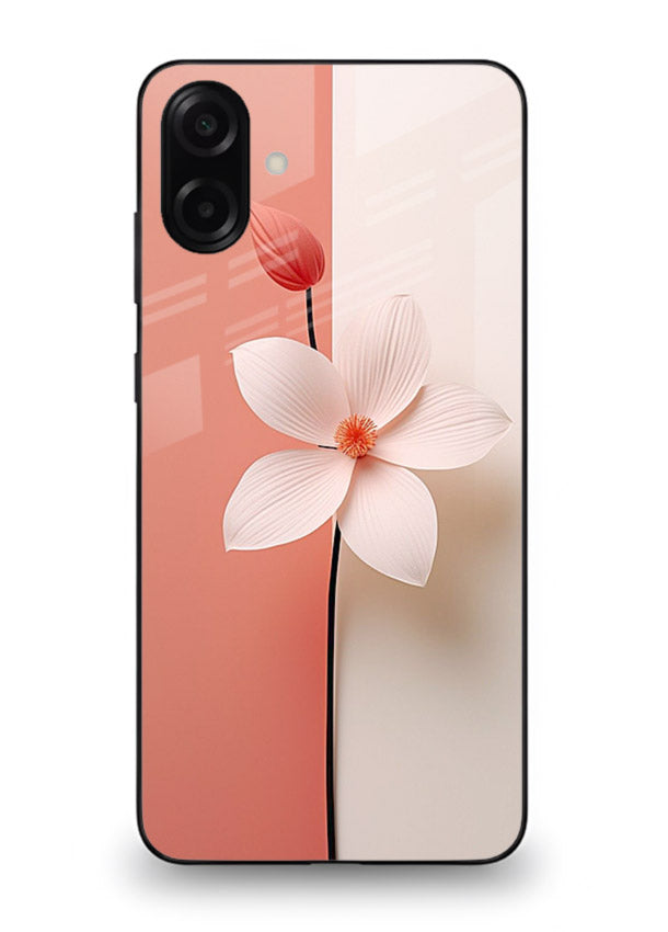 Peach blossom artwork on Samsung A06 5G glass back cover with soft romantic tones.