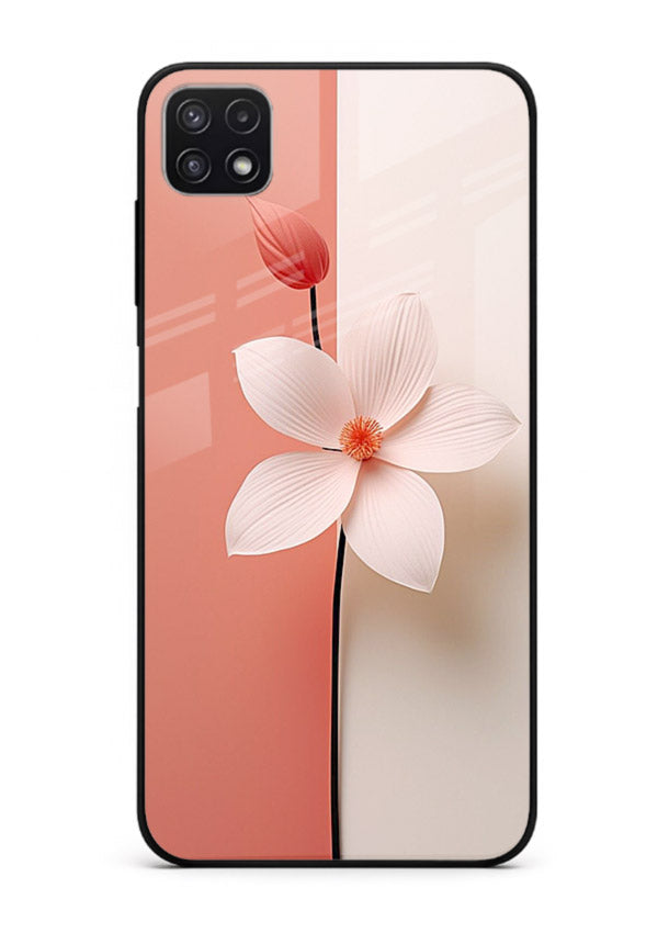 Peach blossom artwork on Samsung F42 5G glass back cover with soft romantic tones.