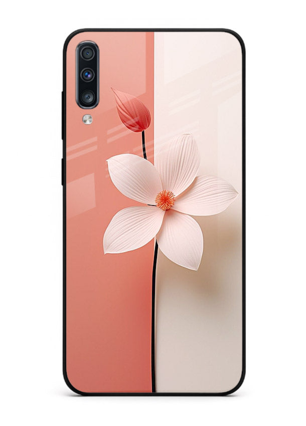 Peach blossom artwork on Samsung A70 glass back cover with soft romantic tones.