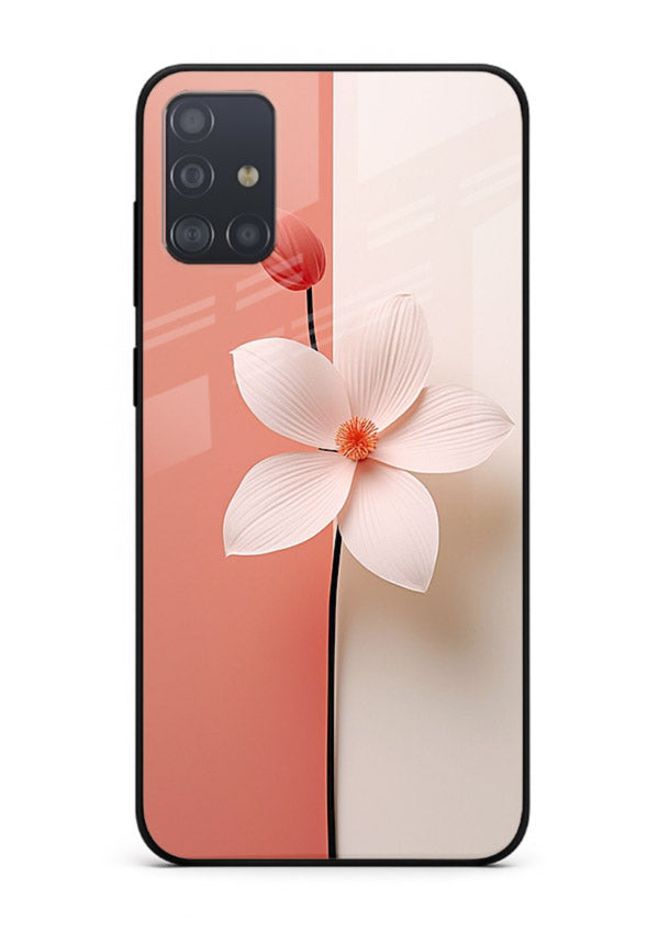 Peach blossom artwork on Samsung A51 glass back cover with soft romantic tones.