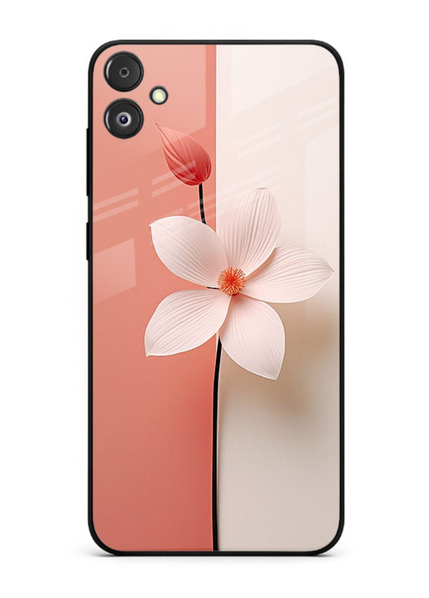 Peach blossom artwork on Samsung F04 5G glass back cover with soft romantic tones.