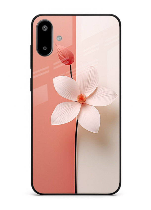 Peach blossom artwork on Samsung F06 5G glass back cover with soft romantic tones.