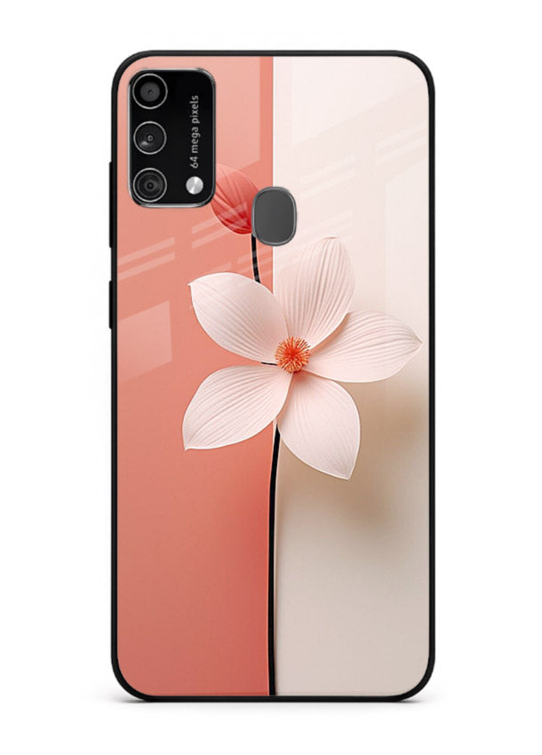 Peach blossom artwork on Samsung F41 glass back cover with soft romantic tones.