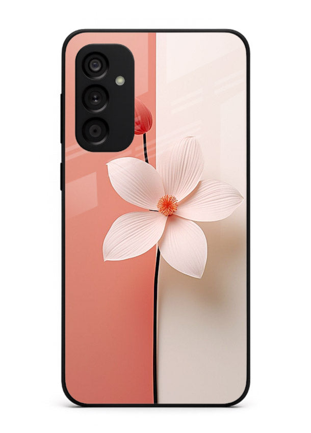Peach blossom artwork on Samsung F34 5G glass back cover with soft romantic tones.
