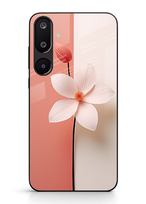 Peach blossom artwork on Samsung M16 5G glass back cover with soft romantic tones.