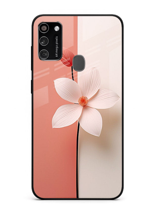 Peach blossom artwork on Samsung M30s glass back cover with soft romantic tones.