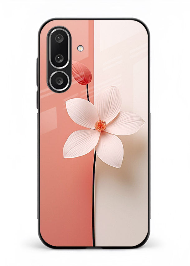 Peach blossom artwork on Samsung F56 5G glass back cover with soft romantic tones.