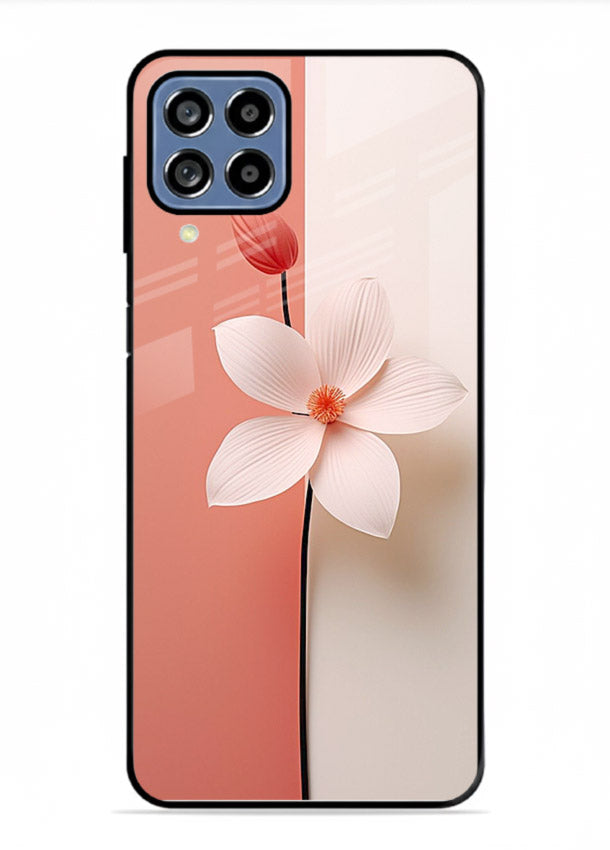 Peach blossom artwork on Samsung F12 5G glass back cover with soft romantic tones.