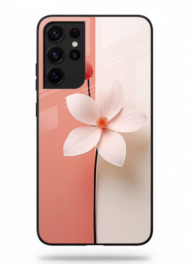 Peach blossom artwork on Samsung S21 Ultra glass back cover with soft romantic tones.