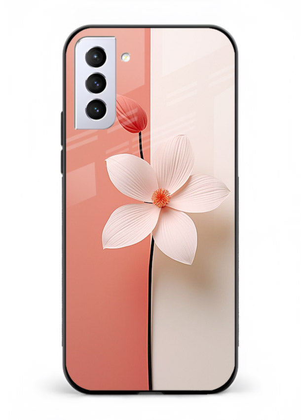 Peach blossom artwork on Samsung S21 Plus glass back cover with soft romantic tones.