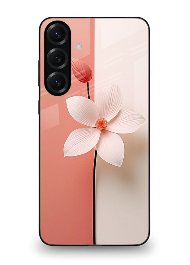 Peach blossom artwork on Samsung A55 5G glass back cover with soft romantic tones.