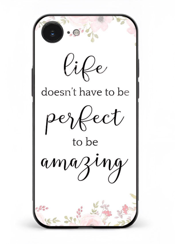 Floral typography artwork printed on iphone 16e glass back cover with warm tones.