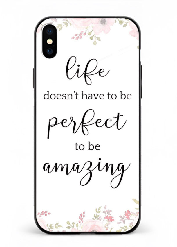 Floral typography artwork printed on iphone xs max glass back cover with warm tones.