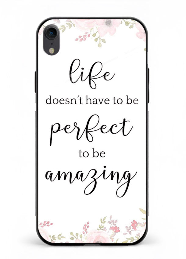 Floral typography artwork printed on iphone xr glass back cover with warm tones.