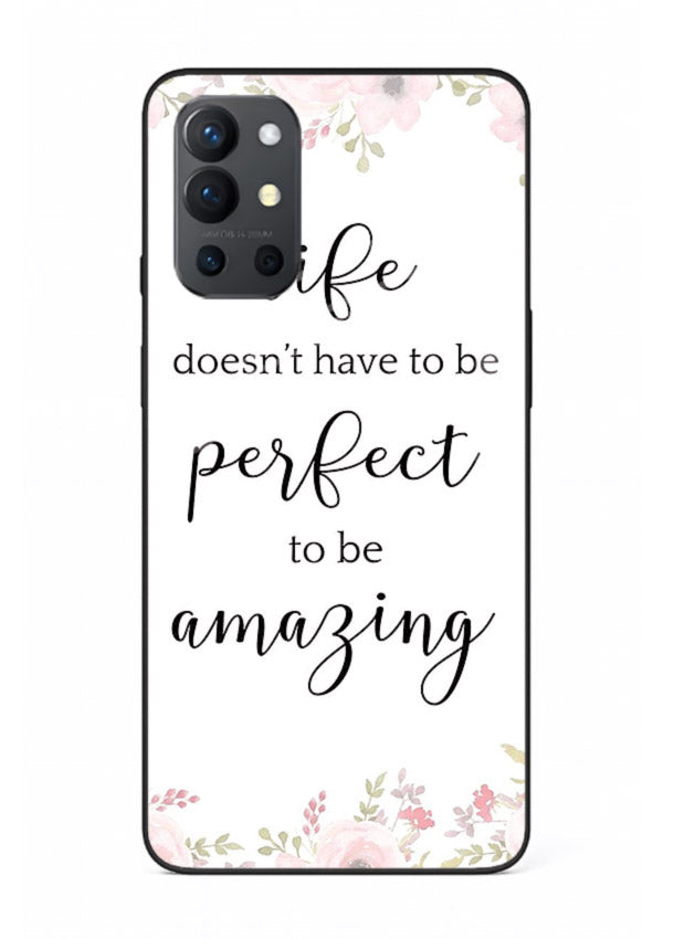 Floral typography artwork printed on OnePlus 9R glass back cover with warm tones.