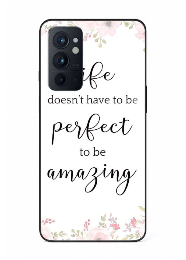 Floral typography artwork printed on OnePlus 9RT glass back cover with warm tones.