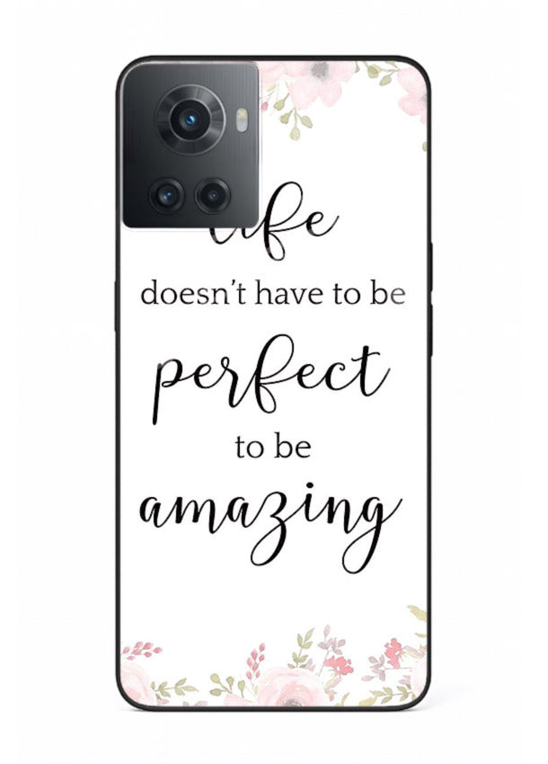 Floral typography artwork printed on OnePlus 10R glass back cover with warm tones.