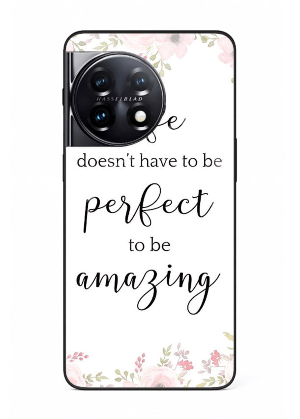 Floral typography artwork printed on OnePlus 11R glass back cover with warm tones.