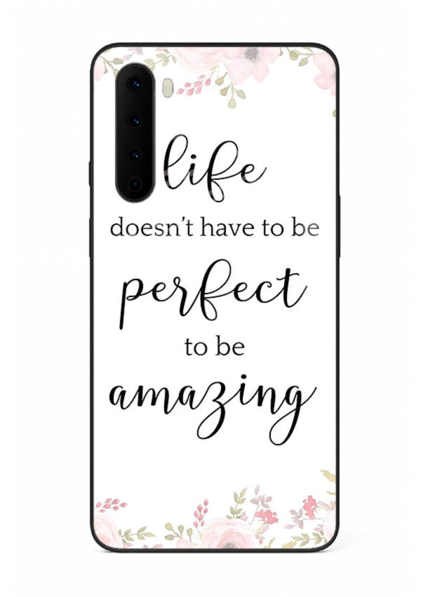 Floral typography artwork printed on OnePlus Nord glass back cover with warm tones.