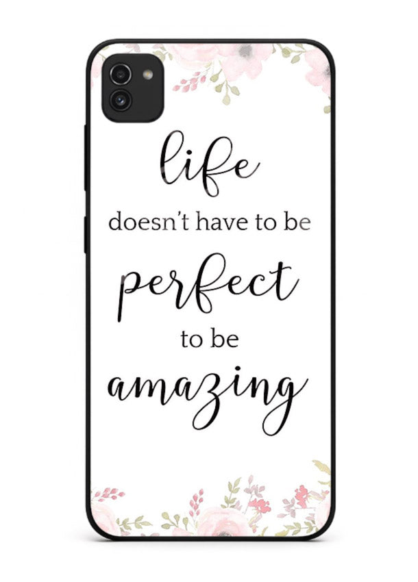 Floral typography artwork printed on Samsung A03 glass back cover with warm tones.